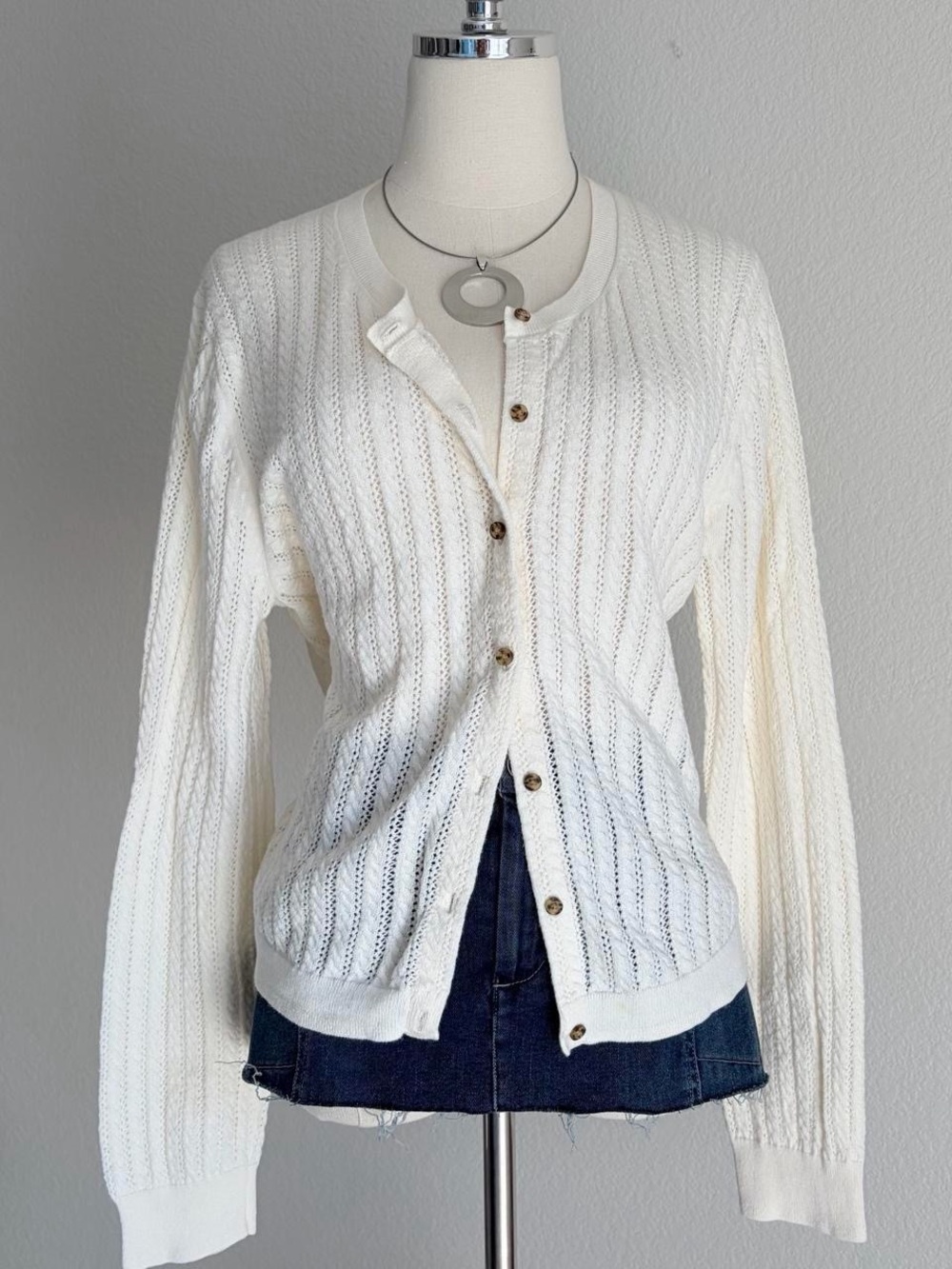 GAP Cream Button-Up Open-Knit Cardigan